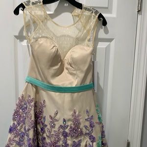 New! Nude formal short aline dress with beautiful lace embroidery & beading Sz 4